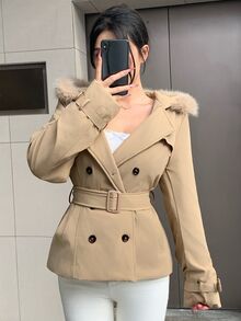 DAZY Women's Double-Breasted Hooded Jacket With Belt Fall - Khaki - View 3