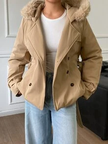 DAZY Women's Double-Breasted Hooded Jacket With Belt Fall - Khaki - View 12