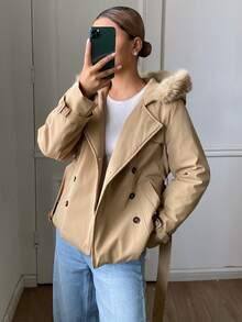 DAZY Women's Double-Breasted Hooded Jacket With Belt Fall - Khaki - View 10