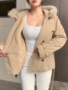 DAZY Women's Double-Breasted Hooded Jacket With Belt Fall - Khaki - View 6