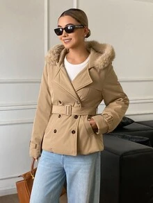 DAZY Women's Double-Breasted Hooded Jacket With Belt Fall - Khaki - View 8