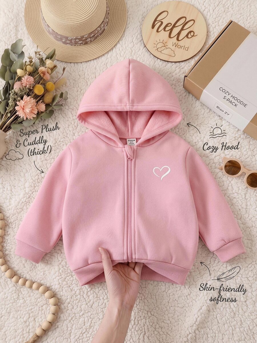 SHEIN Baby Girl Knit Solid Color Stand Collar Casual Open Front Sweatshirt - Pink - View 1