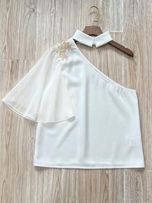 Balvessa Women's Summer Solid Color New Lace Trim Asymmetric Shoulder Chiffon Patchwork Blouse Casual, Office, Party, Formal Occasions - White - View 2
