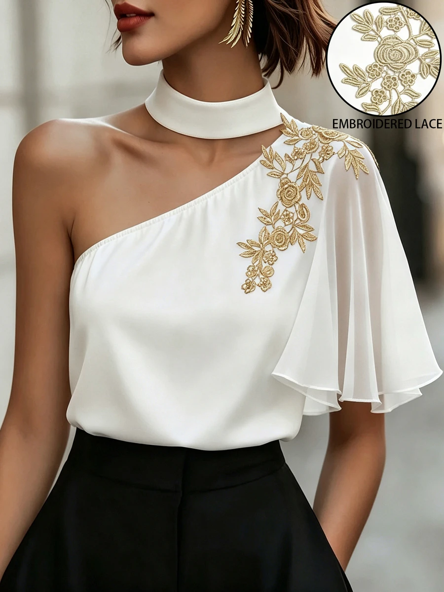 Balvessa Women's Summer Solid Color New Lace Trim Asymmetric Shoulder Chiffon Patchwork Blouse Casual, Office, Party, Formal Occasions - White - View 1