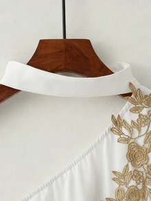 Balvessa Women's Summer Solid Color New Lace Trim Asymmetric Shoulder Chiffon Patchwork Blouse Casual, Office, Party, Formal Occasions - White - View 3