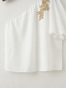 Balvessa Women's Summer Solid Color New Lace Trim Asymmetric Shoulder Chiffon Patchwork Blouse Casual, Office, Party, Formal Occasions - White - View 6