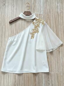 Balvessa Women's Summer Solid Color New Lace Trim Asymmetric Shoulder Chiffon Patchwork Blouse Casual, Office, Party, Formal Occasions - White - View 4