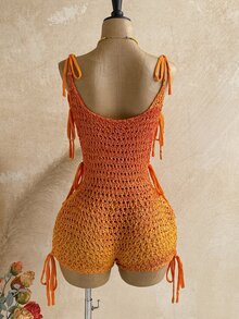 Soleia 女款漸層色鏤空肩結針織連身褲，海灘度假派對紅色橘色夏季性感熱帶波希米亞風 - 彩色 - 查看 2