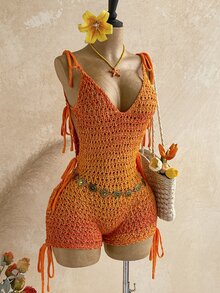 Soleia 女款漸層色鏤空肩結針織連身褲，海灘度假派對紅色橘色夏季性感熱帶波希米亞風 - 彩色 - 查看 6
