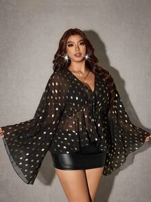 Viva Relle Party Going Out Plus Size Early Autumn Banquet Elegant Blouse With Subtle Glitter And Ruffle Sleeves Fall Black And Gold - Black - View 4