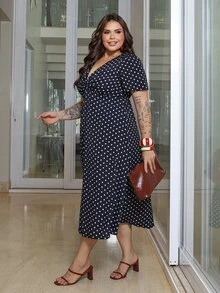 Bibi Tomais Plus Size V-Neck Short Sleeve Polka Dot Elegant Summer Dress - Navy Blue - View 1