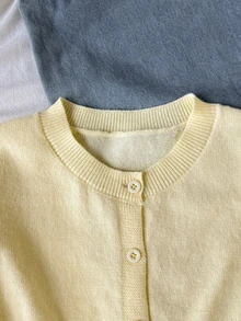 SHEIN Tween Girls Cardigan, Casual Solid Color Round Neck Long Sleeve Loose Short Cardigan Sweater, Comfortable, Fashionable Versatile, Suitable For Daily Commute - Yellow - View 3