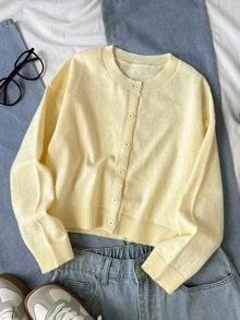 SHEIN Tween Girls Cardigan, Casual Solid Color Round Neck Long Sleeve Loose Short Cardigan Sweater, Comfortable, Fashionable Versatile, Suitable For Daily Commute - Yellow - View 6