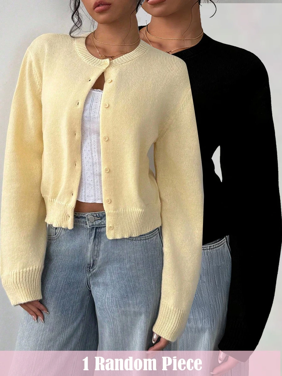 SHEIN Tween Girls Cardigan, Casual Solid Color Round Neck Long Sleeve Loose Short Cardigan Sweater, Comfortable, Fashionable Versatile, Suitable For Daily Commute - Yellow - View 1