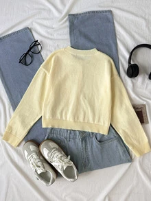 SHEIN Tween Girls Cardigan, Casual Solid Color Round Neck Long Sleeve Loose Short Cardigan Sweater, Comfortable, Fashionable Versatile, Suitable For Daily Commute - Yellow - View 2
