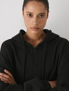 YARNWELL Women's Cotton Blend Zip Up Hoodie With Pockets – Casual Oversized Jacket, Everyday Essential For Daily, Travel & Loungewear - Black - View 9