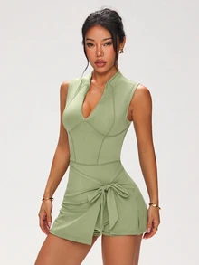 SHEIN Dewbera Women's Solid Color Casual Daily Travel Sports Dress - Mist Green - View 3