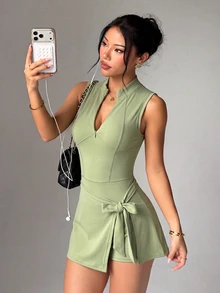 SHEIN Dewbera Women's Solid Color Casual Daily Travel Sports Dress - Mist Green - View 4