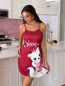 SweetSlumber Sweet INS Girl Cute Cat & Bow Print Spaghetti Strap Women's Nightgown - Burgundy - View 5