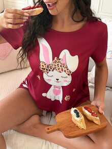 SweetSlumber 可愛兔子豹紋愛心 INS 風格女款睡衣套裝 - 酒紅色 - 查看 3