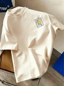 Resyla Men 2026新款春夏男士義大利檸檬印花T恤，復古街頭風印花設計，男士休閒上衣度假米色 - 卡其色 - 查看 4