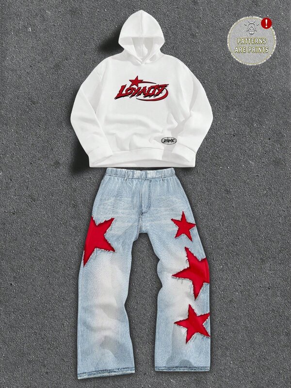 SHEIN Kids 2pcs Teen Boy Letter Graphic Thermal Hoodie & Star Denim-Effect Print Pants Set; Suitable For Autumn And Winter, Back-To-School Season