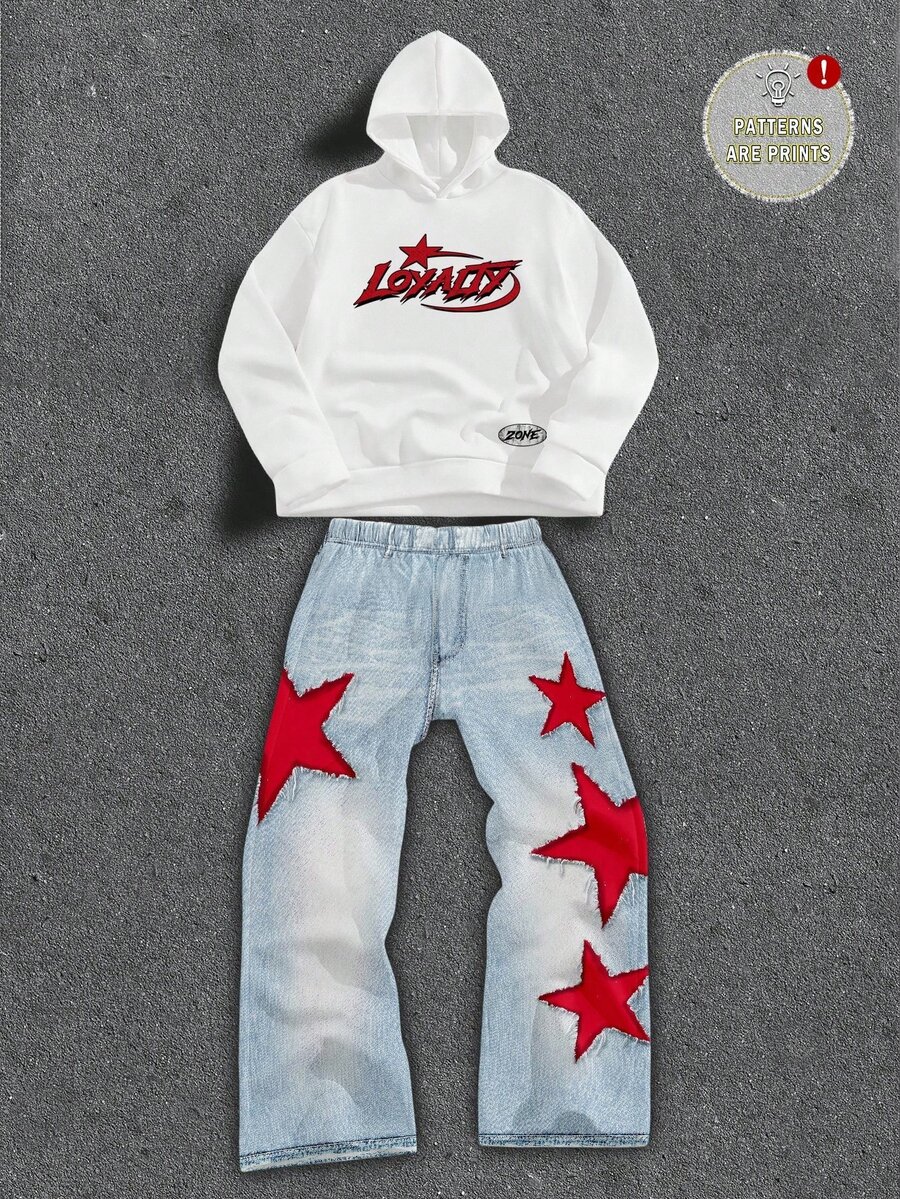 SHEIN Kids 2pcs Teen Boy Letter Graphic Thermal Hoodie & Star Denim-Effect Print Pants Set; Suitable For Autumn And Winter, Back-To-School Season - Multicolor - View 1