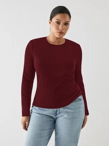 YARNWELL Plus Size Women's Solid Color Minimalist Long Sleeve Casual Top Fall - Burgundy - View 4