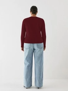 YARNWELL Plus Size Women's Solid Color Minimalist Long Sleeve Casual Top Fall - Burgundy - View 3