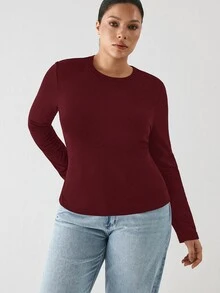 YARNWELL Plus Size Women's Solid Color Minimalist Long Sleeve Casual Top Fall - Burgundy - View 6