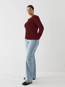 YARNWELL Plus Size Women's Solid Color Minimalist Long Sleeve Casual Top Fall - Burgundy - View 5