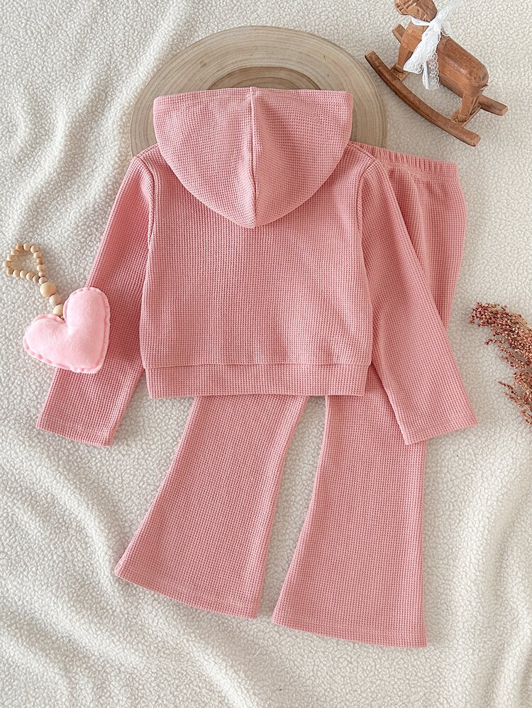SHEIN Young Girl Solid Color Hooded Long Sleeve Sweatshirt And Sweatpants Casual Daily 2-Piece Set - Pink - View 2