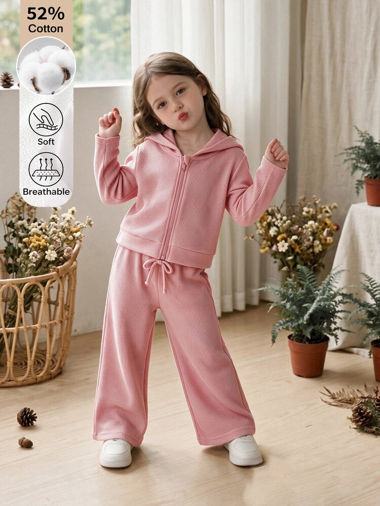 SHEIN Young Girl Solid Color Hooded Long Sleeve Sweatshirt And Sweatpants Casual Daily 2-Piece Set - Pink - View 1
