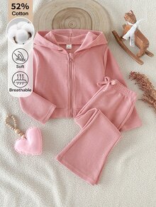 SHEIN 女童純色連帽長袖運動衫與運動長褲休閒日常兩件套 - 粉色 - 查看 4