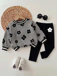 SHEIN Baby Girl Casual Minimalist Loose Crew Neck Sweatshirt And Elastic Waist Long Pants Set, Suitable For Autumn/Winter - Multicolor - View 2