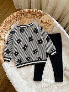 SHEIN Baby Girl Casual Minimalist Loose Crew Neck Sweatshirt And Elastic Waist Long Pants Set, Suitable For Autumn/Winter - Multicolor - View 3