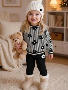 SHEIN Baby Girl Casual Minimalist Loose Crew Neck Sweatshirt And Elastic Waist Long Pants Set, Suitable For Autumn/Winter - Multicolor - View 1