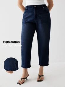 YARNWELL Plus Size Women's Fashion Slightly Stretchy Cat Whisker Washed Denim Jeans - Navy Blue - View 2