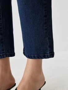 YARNWELL Plus Size Women's Fashion Slightly Stretchy Cat Whisker Washed Denim Jeans - Navy Blue - View 6
