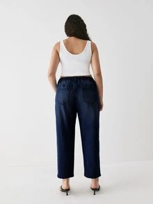 YARNWELL Plus Size Women's Fashion Slightly Stretchy Cat Whisker Washed Denim Jeans - Navy Blue - View 3