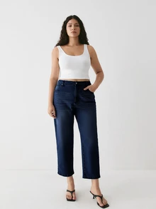 YARNWELL Plus Size Women's Fashion Slightly Stretchy Cat Whisker Washed Denim Jeans - Navy Blue - View 8