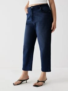 YARNWELL Plus Size Women's Fashion Slightly Stretchy Cat Whisker Washed Denim Jeans - Navy Blue - View 7