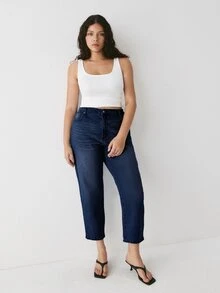 YARNWELL Plus Size Women's Fashion Slightly Stretchy Cat Whisker Washed Denim Jeans - Navy Blue - View 4