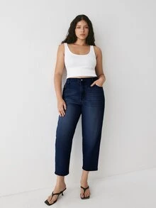 YARNWELL Plus Size Women's Fashion Slightly Stretchy Cat Whisker Washed Denim Jeans - Navy Blue - View 5
