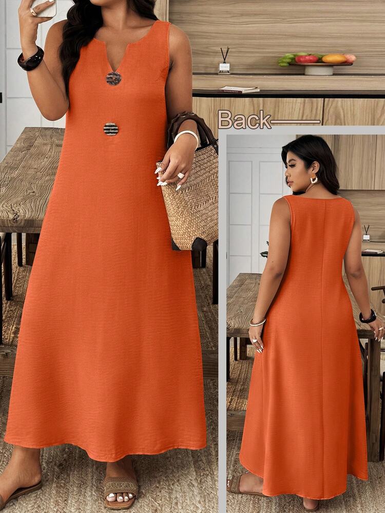 Weeklong Plus Size Summer Casual Solid Color Notched Neck Button Decor Dress Elegant - Orange - View 1