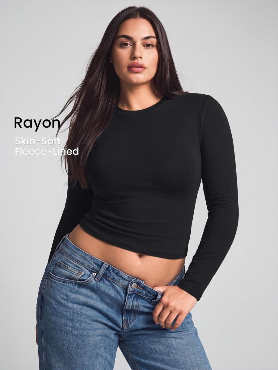 YARNWELL Plus Size Women's Solid Color Casual Versatile Daily Long Sleeve T-Shirt Fall - Black - View 1