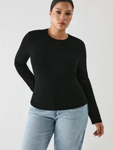 YARNWELL Plus Size Women's Solid Color Casual Versatile Daily Long Sleeve T-Shirt Fall - Black - View 6