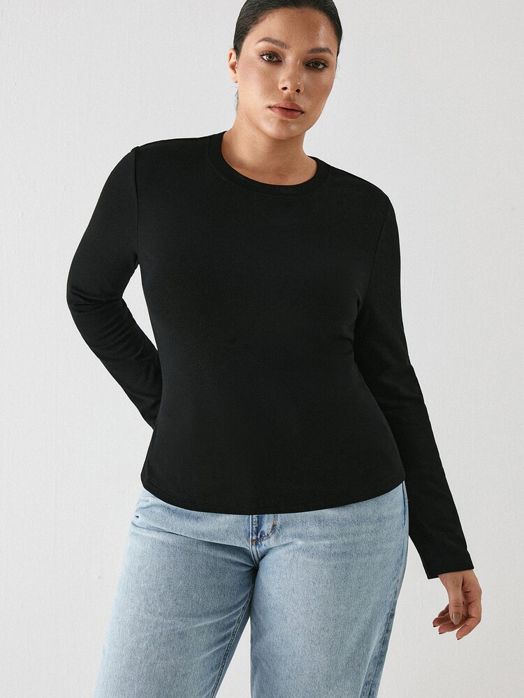 YARNWELL Plus Size Women's Solid Color Casual Versatile Daily Long Sleeve T-Shirt Fall - Black - View 6