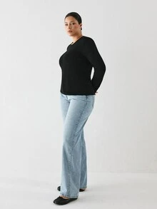 YARNWELL Plus Size Women's Solid Color Casual Versatile Daily Long Sleeve T-Shirt Fall - Black - View 5
