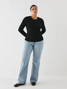 YARNWELL Plus Size Women's Solid Color Casual Versatile Daily Long Sleeve T-Shirt Fall - Black - View 2